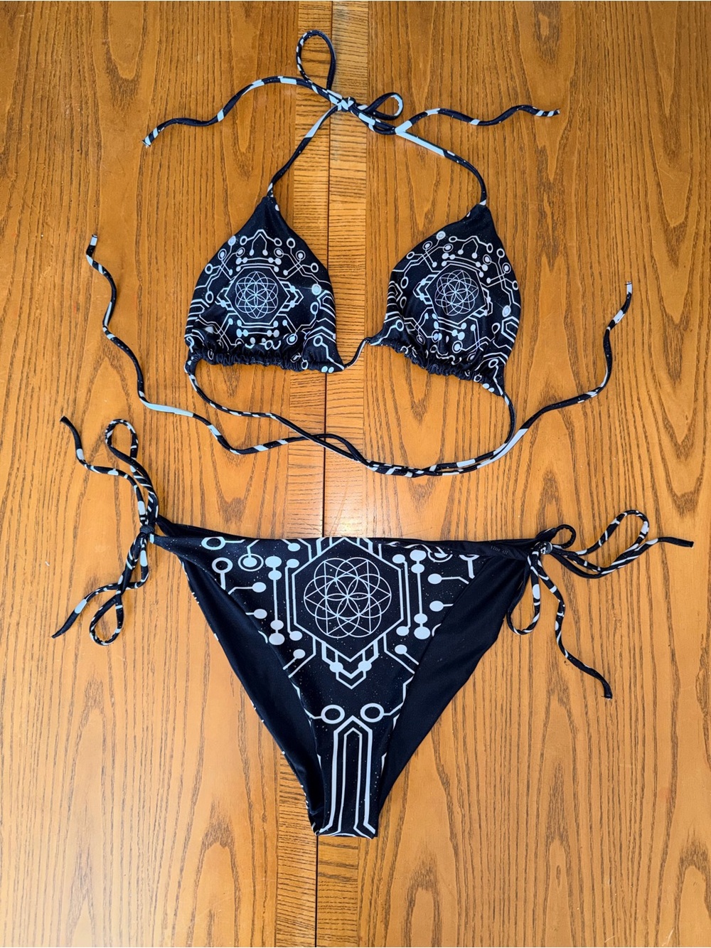 Black Geometric Print Tie-Side Bikini Set - Women Swim